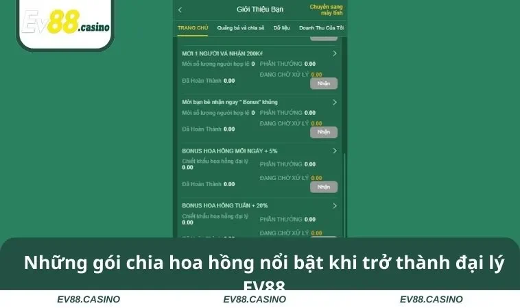 Những gói chia hoa hồng nổi bật khi trở thành đại lý EV88