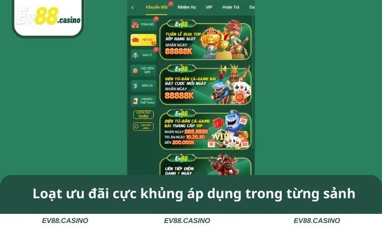 khuyen mai ev88 2 Loạt ưu đãi cực khủng áp dụng trong từng sảnh